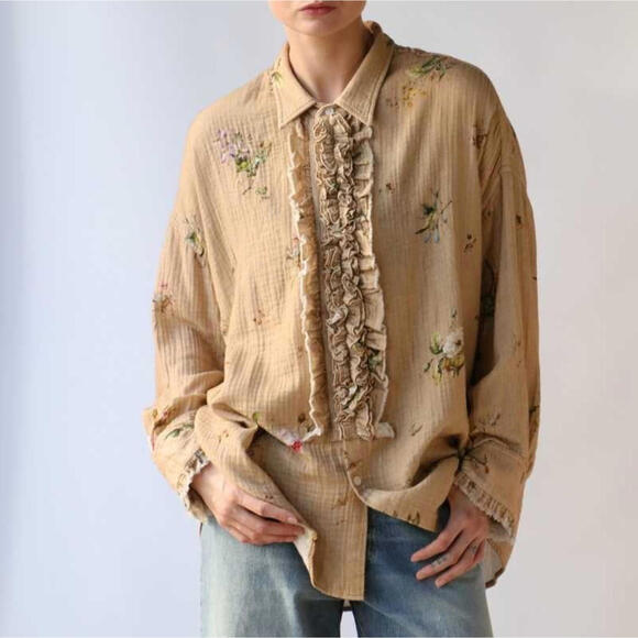 NWT ~ R13 Drop Neck Tuxedo Shirt in Floral on Khaki Size XS - Picture 1 of 8